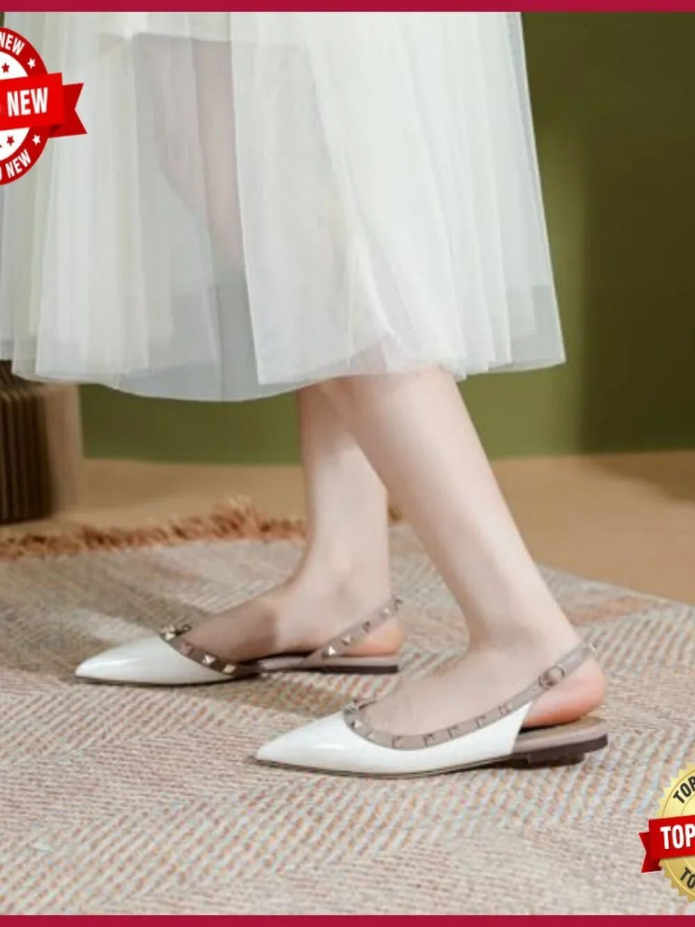 Pointed Toe Slingback Flats with Rivets Buckle